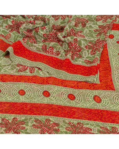 Sanskriti Vintage Green Indian Sari Georgette Printed Sarees Craft 5 Yard Fabric, PRG-5550-Green-Printed Floral Design-Georgette-2