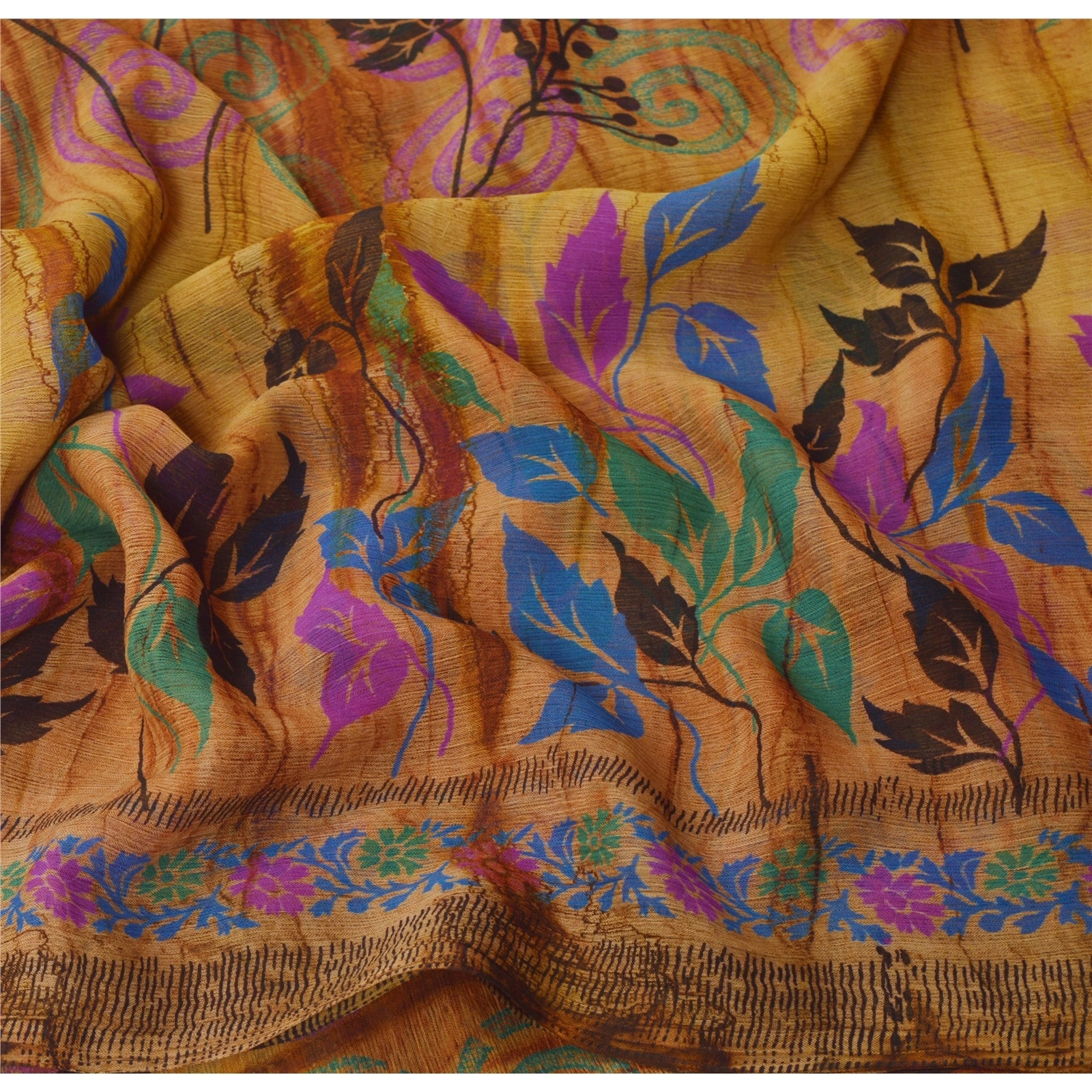 Sanskriti Vintage Saffron Indian Sari Printed Sarees Georgette Craft 5 Yd Fabric, PRG-5567-Saffron-Printed Floral Design-Georgette-4