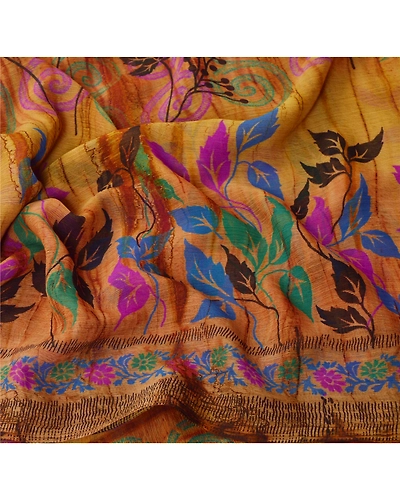 Sanskriti Vintage Saffron Indian Sari Printed Sarees Georgette Craft 5 Yd Fabric, PRG-5567-Saffron-Printed Floral Design-Georgette-4