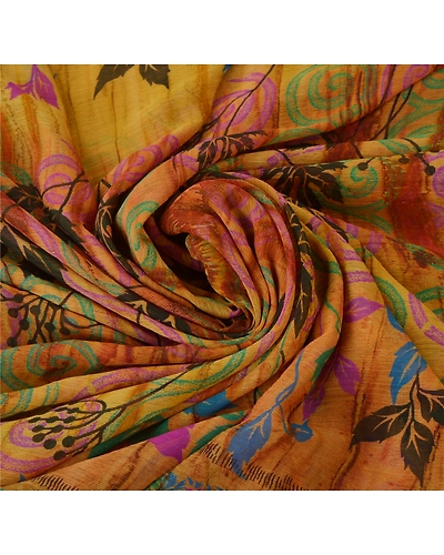 Sanskriti Vintage Saffron Indian Sari Printed Sarees Georgette Craft 5 Yd Fabric, PRG-5567-Saffron-Printed Floral Design-Georgette-5