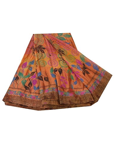 Sanskriti Vintage Saffron Indian Sari Printed Sarees Georgette Craft 5 Yd Fabric, PRG-5567-Saffron-Printed Floral Design-Georgette-6