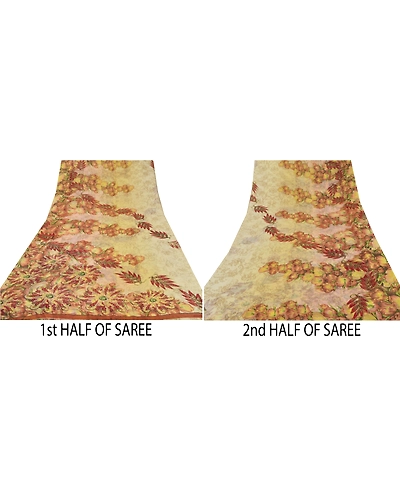 Sanskriti Vintage Cream Digital Printed Sarees Georgette Sari 5 Yd Craft Fabric, PRG-5658-Cream-Printed Floral Design-Georgette-3