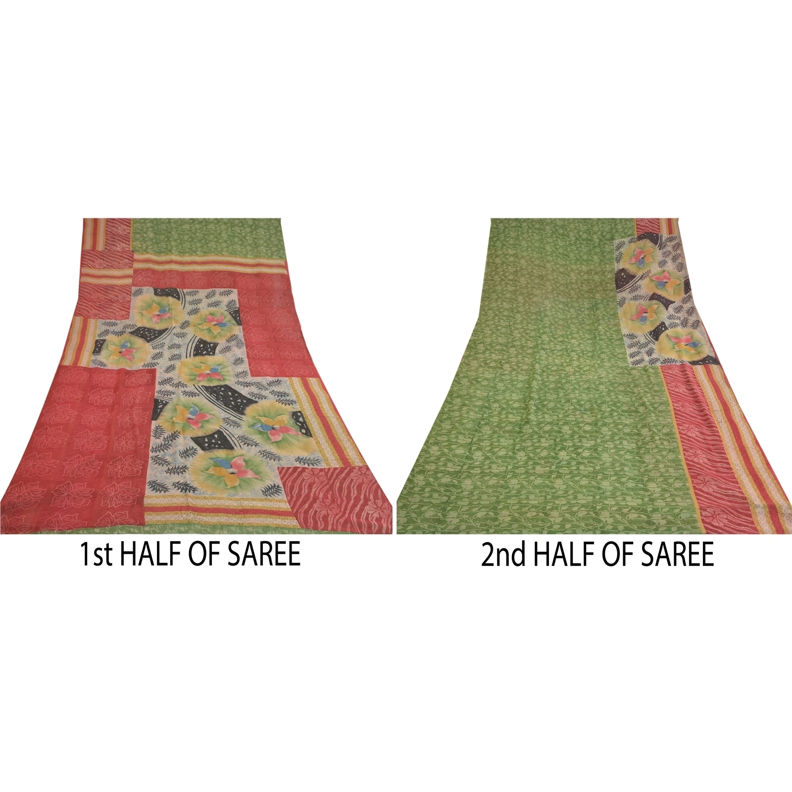 Sanskriti Vintage Pure Georgette Silk Sarees Green Printed Sari 5Yd Craft Fabric, PRG-10373-Green-Printed Floral Design-Pure Georgette Silk-5