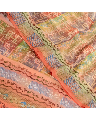 Sanskriti Vintage Pure Georgette Silk Sarees Peach Printed Sari 5Yd Craft Fabric, PRG-10383-Peach-Printed Floral Design-Pure Georgette Silk-1