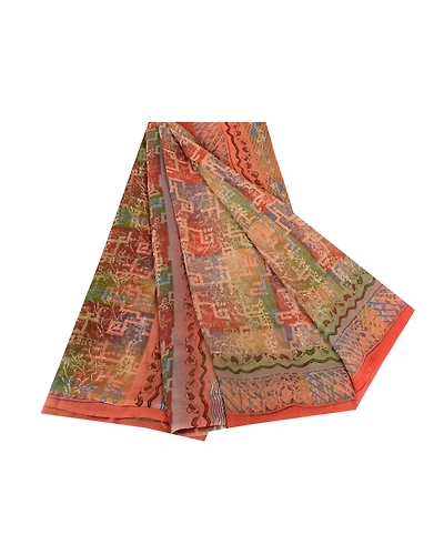 Sanskriti Vintage Pure Georgette Silk Sarees Peach Printed Sari 5Yd Craft Fabric, PRG-10383-Peach-Printed Floral Design-Pure Georgette Silk-2