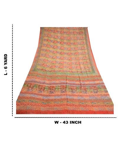 Sanskriti Vintage Pure Georgette Silk Sarees Peach Printed Sari 5Yd Craft Fabric, PRG-10383-Peach-Printed Floral Design-Pure Georgette Silk-3