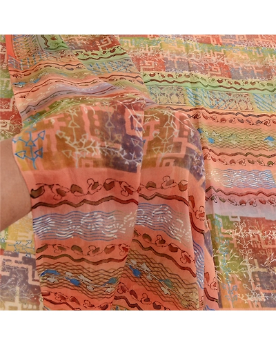 Sanskriti Vintage Pure Georgette Silk Sarees Peach Printed Sari 5Yd Craft Fabric, PRG-10383-Peach-Printed Floral Design-Pure Georgette Silk-4