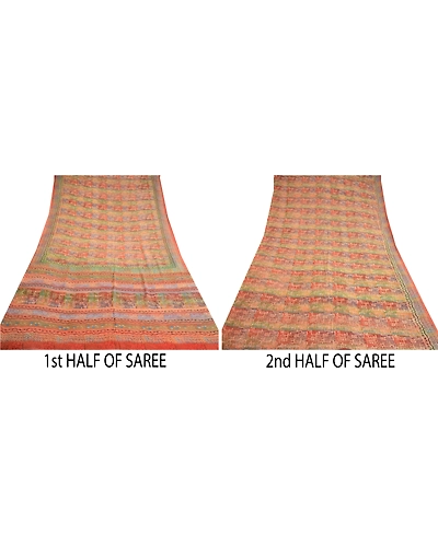 Sanskriti Vintage Pure Georgette Silk Sarees Peach Printed Sari 5Yd Craft Fabric, PRG-10383-Peach-Printed Floral Design-Pure Georgette Silk-5