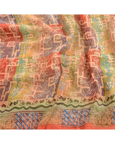 Sanskriti Vintage Pure Georgette Silk Sarees Peach Printed Sari 5Yd Craft Fabric, PRG-10383-Peach-Printed Floral Design-Pure Georgette Silk-6