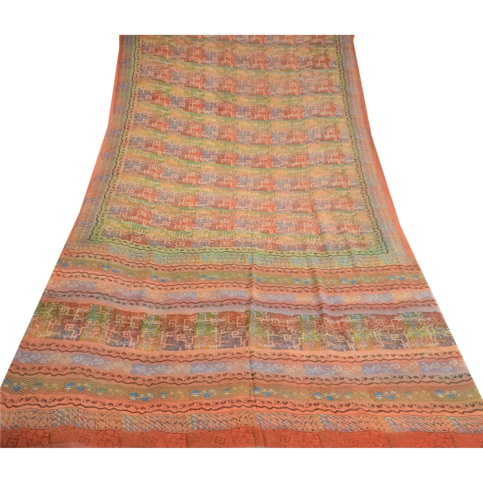 Sanskriti Vintage Pure Georgette Silk Sarees Peach Printed Sari 5Yd Craft Fabric, PRG-10383-Peach-Printed Floral Design-Pure Georgette Silk-8