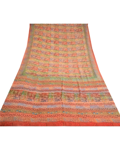 Sanskriti Vintage Pure Georgette Silk Sarees Peach Printed Sari 5Yd Craft Fabric, PRG-10383-Peach-Printed Floral Design-Pure Georgette Silk-8