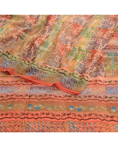 Sanskriti Vintage Pure Georgette Silk Sarees Peach Printed Sari 5Yd Craft Fabric, PRG-10383-Peach-Printed Floral Design-Pure Georgette Silk-9