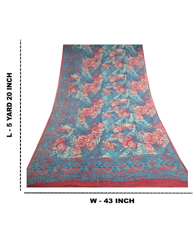 Sanskriti Vintage Pure Georgette Silk Sarees Blue Printed Sari 5Yd Craft Fabric, PRG-10391-Blue-Printed Floral Design-Pure Georgette Silk-3