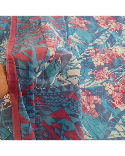 Sanskriti Vintage Pure Georgette Silk Sarees Blue Printed Sari 5Yd Craft Fabric, PRG-10391-Blue-Printed Floral Design-Pure Georgette Silk-4