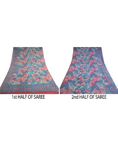 Sanskriti Vintage Pure Georgette Silk Sarees Blue Printed Sari 5Yd Craft Fabric, PRG-10391-Blue-Printed Floral Design-Pure Georgette Silk-5