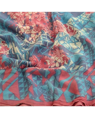 Sanskriti Vintage Pure Georgette Silk Sarees Blue Printed Sari 5Yd Craft Fabric, PRG-10391-Blue-Printed Floral Design-Pure Georgette Silk-6