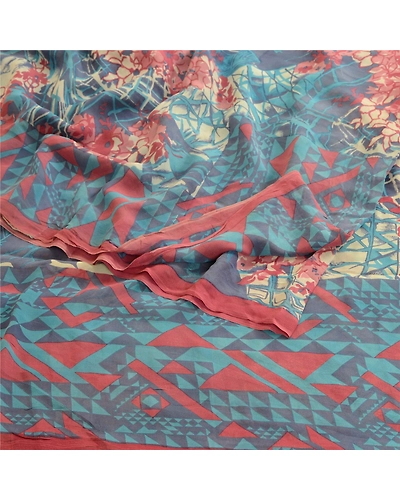 Sanskriti Vintage Pure Georgette Silk Sarees Blue Printed Sari 5Yd Craft Fabric, PRG-10391-Blue-Printed Floral Design-Pure Georgette Silk-7