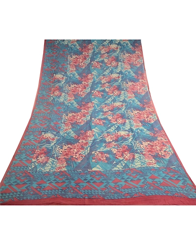 Sanskriti Vintage Pure Georgette Silk Sarees Blue Printed Sari 5Yd Craft Fabric, PRG-10391-Blue-Printed Floral Design-Pure Georgette Silk-8
