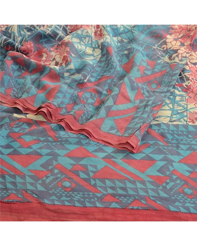 Sanskriti Vintage Pure Georgette Silk Sarees Blue Printed Sari 5Yd Craft Fabric, PRG-10391-Blue-Printed Floral Design-Pure Georgette Silk-9
