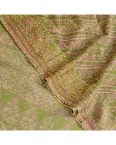 Sanskriti Vintage Green Sarees Pure Chiffon Silk Printed Sari 5Yd Craft Fabric, PRG-10427-Green-Printed Floral Design-Pure Georgette Silk-1