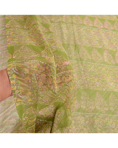 Sanskriti Vintage Green Sarees Pure Chiffon Silk Printed Sari 5Yd Craft Fabric, PRG-10427-Green-Printed Floral Design-Pure Georgette Silk-4