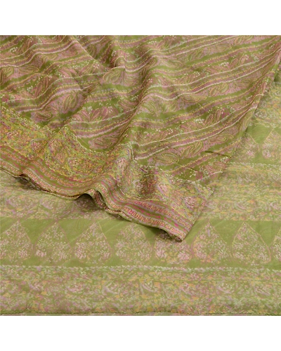 Sanskriti Vintage Green Sarees Pure Chiffon Silk Printed Sari 5Yd Craft Fabric, PRG-10427-Green-Printed Floral Design-Pure Georgette Silk-7