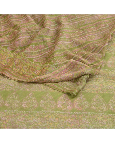 Sanskriti Vintage Green Sarees Pure Chiffon Silk Printed Sari 5Yd Craft Fabric, PRG-10427-Green-Printed Floral Design-Pure Georgette Silk-9