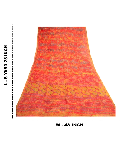 Sanskriti Vintage Orange Sarees Pure Chiffon Silk Printed Sari 5Yd Craft Fabric, PRG-10428-Orange-Printed Floral Design-Pure Chiffon Silk-3
