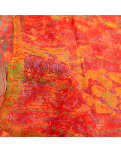 Sanskriti Vintage Orange Sarees Pure Chiffon Silk Printed Sari 5Yd Craft Fabric, PRG-10428-Orange-Printed Floral Design-Pure Chiffon Silk-4