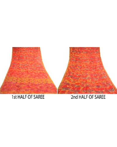 Sanskriti Vintage Orange Sarees Pure Chiffon Silk Printed Sari 5Yd Craft Fabric, PRG-10428-Orange-Printed Floral Design-Pure Chiffon Silk-5