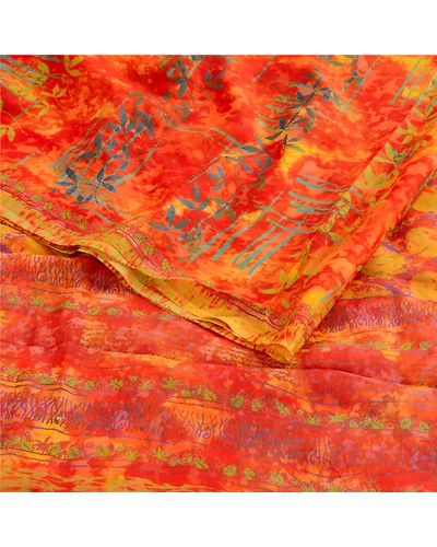 Sanskriti Vintage Orange Sarees Pure Chiffon Silk Printed Sari 5Yd Craft Fabric, PRG-10428-Orange-Printed Floral Design-Pure Chiffon Silk-7