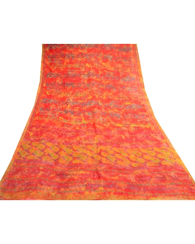 Sanskriti Vintage Orange Sarees Pure Chiffon Silk Printed Sari 5Yd Craft Fabric, PRG-10428-Orange-Printed Floral Design-Pure Chiffon Silk-8
