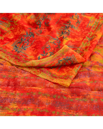 Sanskriti Vintage Orange Sarees Pure Chiffon Silk Printed Sari 5Yd Craft Fabric, PRG-10428-Orange-Printed Floral Design-Pure Chiffon Silk-9