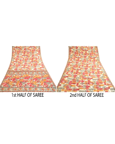 Sanskriti Vintage Red Sarees Indian Mose Crepe Printed Sari Soft Craft Fabric, PRG-10433-Red-Printed Floral Design-Moss Crepe-5
