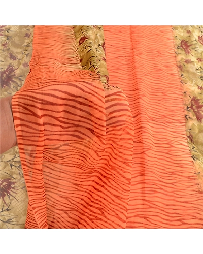 Sanskriti Vintage Orange Sarees Pure Chiffon Silk Printed Sari 5Yd Craft Fabric, PRG-10441-Orange-Printed Floral Design-Pure Chiffon Silk-4
