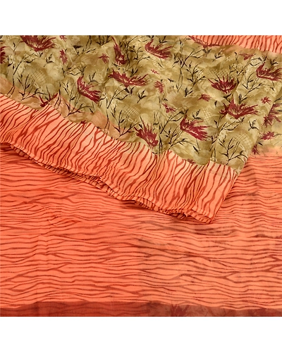 Sanskriti Vintage Orange Sarees Pure Chiffon Silk Printed Sari 5Yd Craft Fabric, PRG-10441-Orange-Printed Floral Design-Pure Chiffon Silk-7