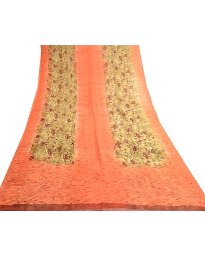 Sanskriti Vintage Orange Sarees Pure Chiffon Silk Printed Sari 5Yd Craft Fabric, PRG-10441-Orange-Printed Floral Design-Pure Chiffon Silk-8