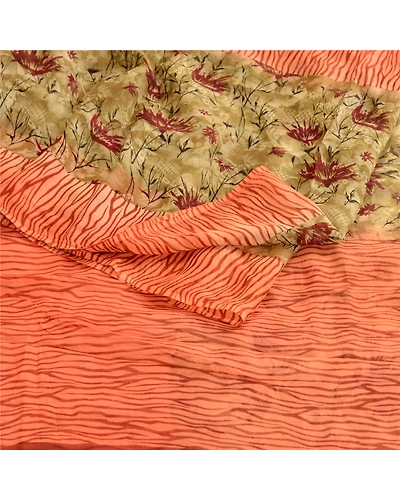 Sanskriti Vintage Orange Sarees Pure Chiffon Silk Printed Sari 5Yd Craft Fabric, PRG-10441-Orange-Printed Floral Design-Pure Chiffon Silk-9
