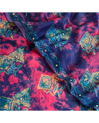 Sanskriti Vintage Blue Tie-Dye Hand Beads Sarees Pure Georgette Silk Sari Fabric, PRG-10494-Blue-Printed Floral Design-Pure Georgette Silk-1