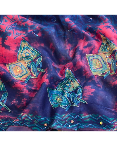 Sanskriti Vintage Blue Tie-Dye Hand Beads Sarees Pure Georgette Silk Sari Fabric, PRG-10494-Blue-Printed Floral Design-Pure Georgette Silk-6