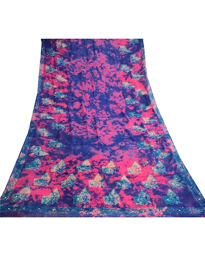 Sanskriti Vintage Blue Tie-Dye Hand Beads Sarees Pure Georgette Silk Sari Fabric, PRG-10494-Blue-Printed Floral Design-Pure Georgette Silk-8