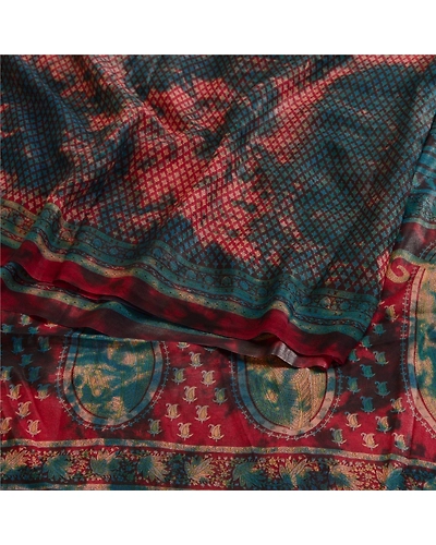 Sanskriti Vintage Blue Tie-Dye Sarees Pure Georgette Silk Sari 5Yd Craft Fabric, PRG-10495-Blue-Printed Floral Design-Pure Georgette Silk-7