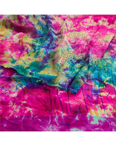 Sanskriti Vintage Multi Tie Dye Sarees Pure Georgette Silk Sari 5Yd Craft Fabric, PRG-10498-Multi-Printed Floral Design-Pure Georgette Silk-7