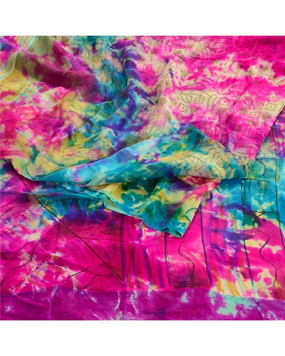 Sanskriti Vintage Multi Tie Dye Sarees Pure Georgette Silk Sari 5Yd Craft Fabric, PRG-10498-Multi-Printed Floral Design-Pure Georgette Silk-9