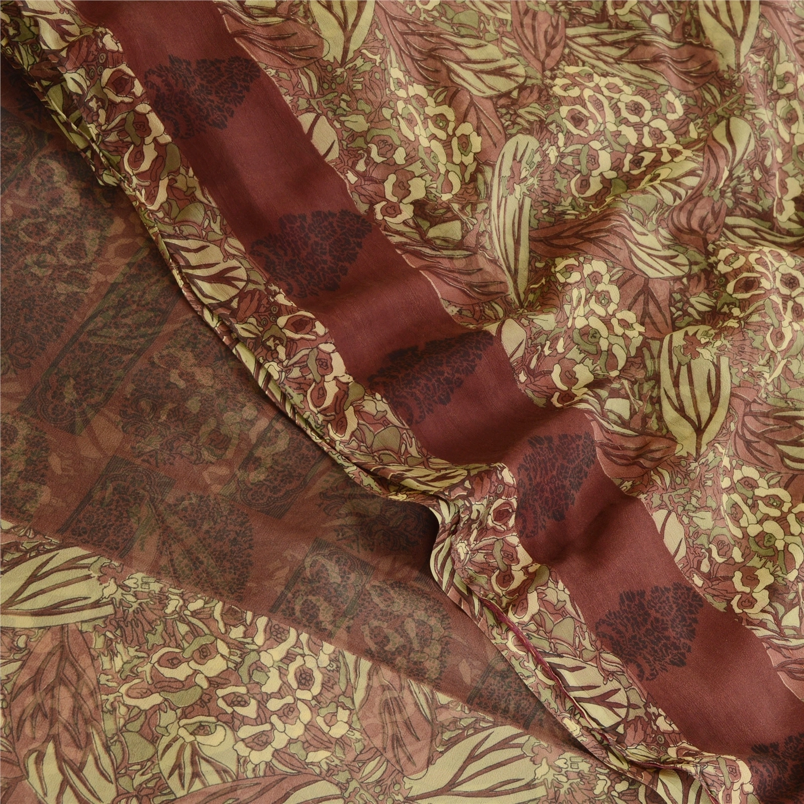 Sanskriti Vintage Brown Indian Sarees Georgette Printed Sari Floral Craft Fabric, PRG-10504-Brown-Printed Floral Design-Poly Georgette-1