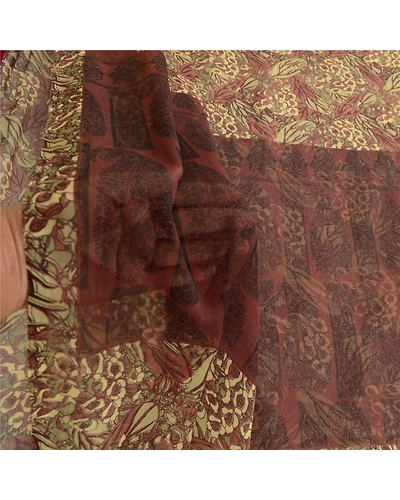 Sanskriti Vintage Brown Indian Sarees Georgette Printed Sari Floral Craft Fabric, PRG-10504-Brown-Printed Floral Design-Poly Georgette-4