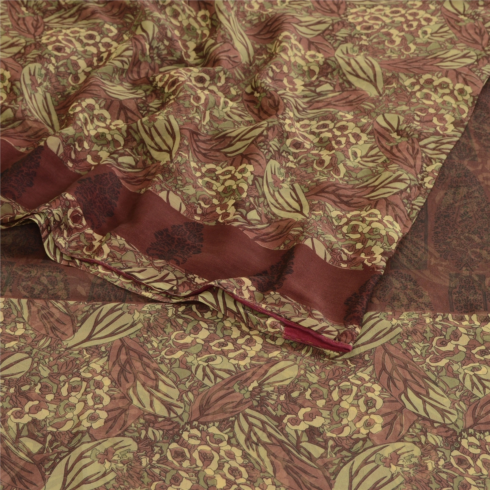 Sanskriti Vintage Brown Indian Sarees Georgette Printed Sari Floral Craft Fabric, PRG-10504-Brown-Printed Floral Design-Poly Georgette-7