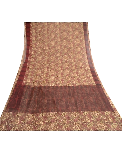 Sanskriti Vintage Brown Indian Sarees Georgette Printed Sari Floral Craft Fabric, PRG-10504-Brown-Printed Floral Design-Poly Georgette-8