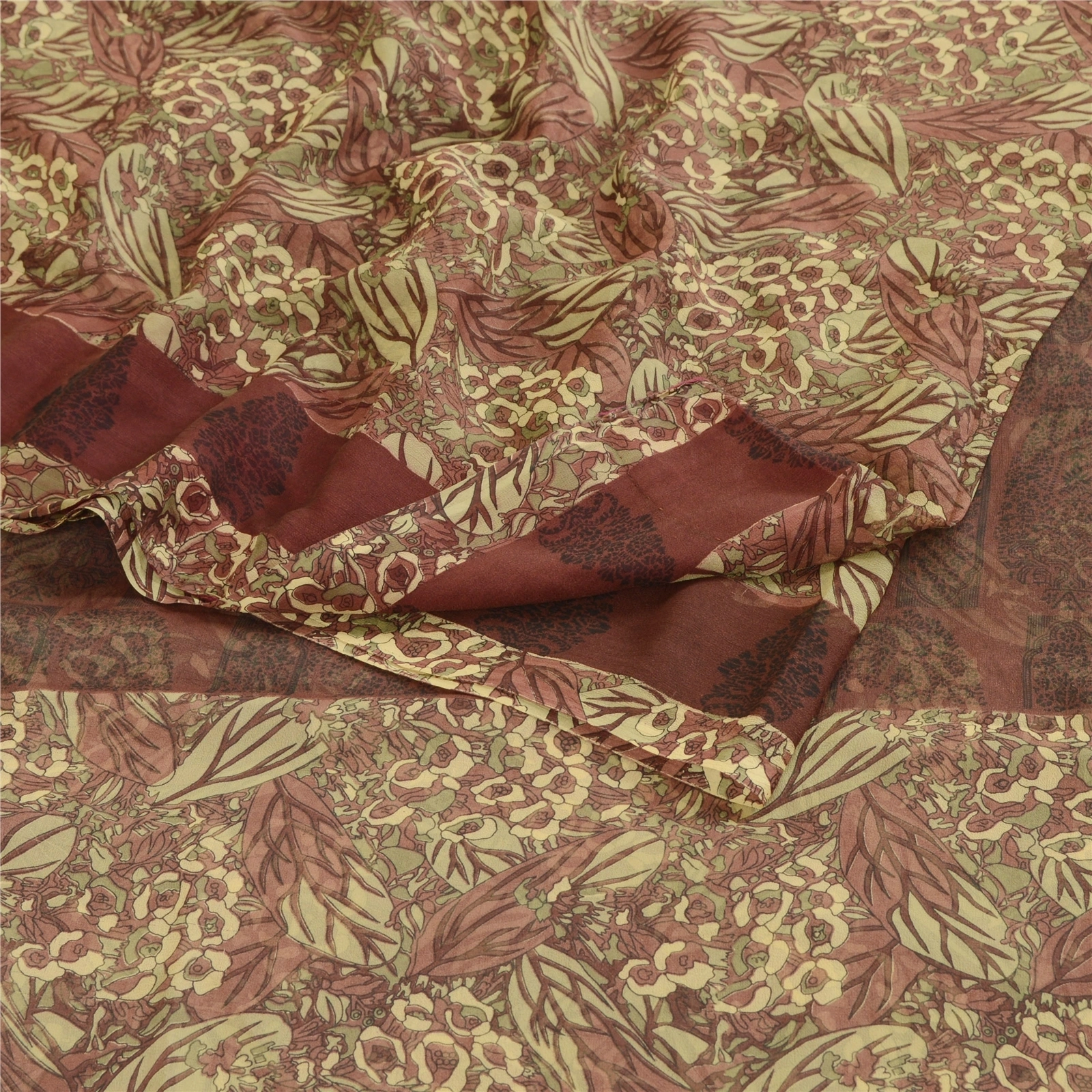 Sanskriti Vintage Brown Indian Sarees Georgette Printed Sari Floral Craft Fabric, PRG-10504-Brown-Printed Floral Design-Poly Georgette-9