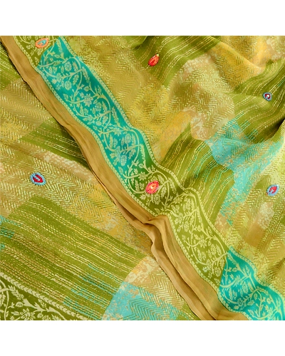 Sanskriti Vintage Green Hand Beaded Sarees Pure Georgette Silk Print Sari Fabric, PRG-10508-Green-Printed Floral Design-Pure Georgette Silk-1